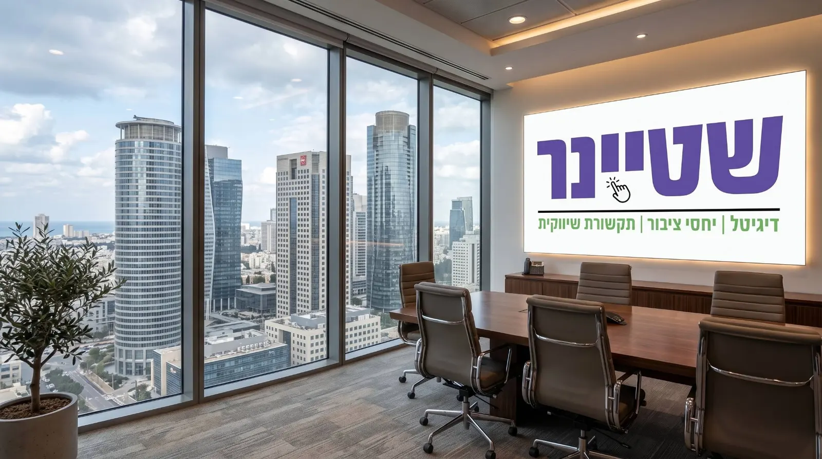 חדר ישיבות מודרני עם שלט הלוגו של שטיינר דיגיטל